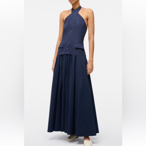 STAUD Harrington Stretch Cotton Halter Maxi Dress Navy - Picture 1 of 4